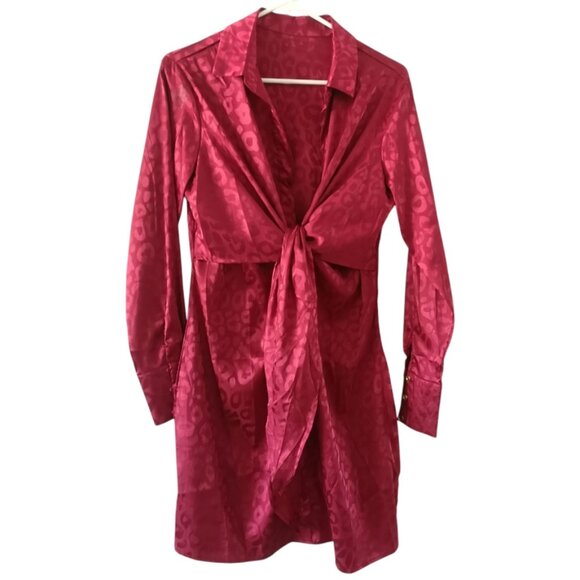 HOST PICK Red Burgundy Leopard Animal Pattern Tie Knot Satin Mini Dress Tunic L - Picture 4 of 11